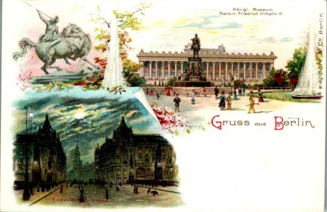 LITHO GRUß AUS BERLIN KGL. MUSEUM + KAISER WILHELM BRÜCKE 3 BILD COL. UM 1900