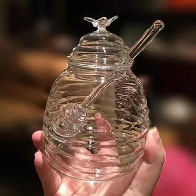 Glass Honey Jar with Dipper and Lid Clear Glass Beehive Honey Pot  Syrup