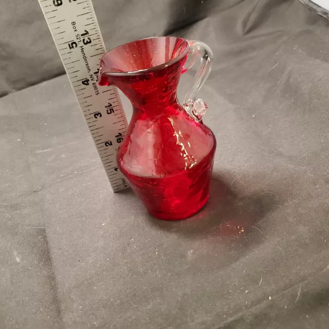 Vintage Hand Blown Ruby Red Crackle Glass Mini Pitcher With Clear Glass Handle 3