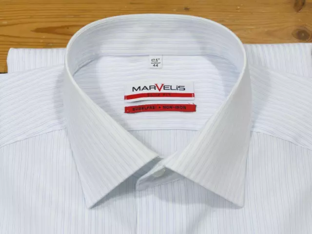 MARVELIS Slim Fit Herren Langarm Hemd in 44 Weiß Gestreift Neuwertig 6858JO