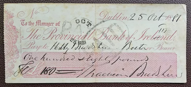 1881 The Provincial Bank of Ireland, Dublin Cheque
