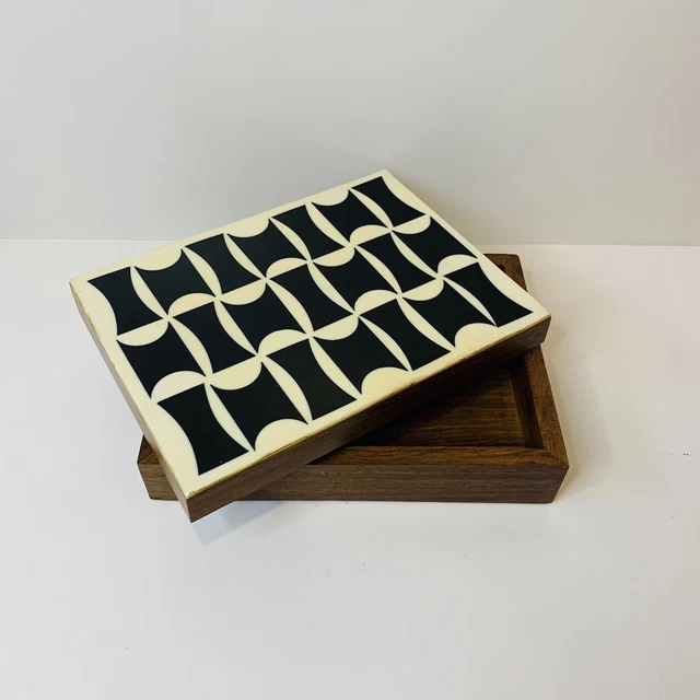 White Black Shape Pattern Decorative Wood Box Keepsake Storage Treasure Jewelry
