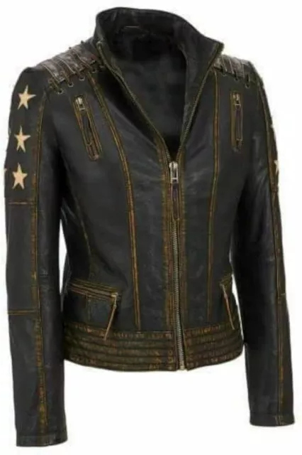 Women's Cafe Racer Ox Blood Vintage Style Golden Stars Red Waxed Leather Jacket