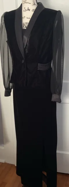 R&K Evening Vintage Suit Black Velvet Jacket Maxi Skirt Long Sheer Sleeves