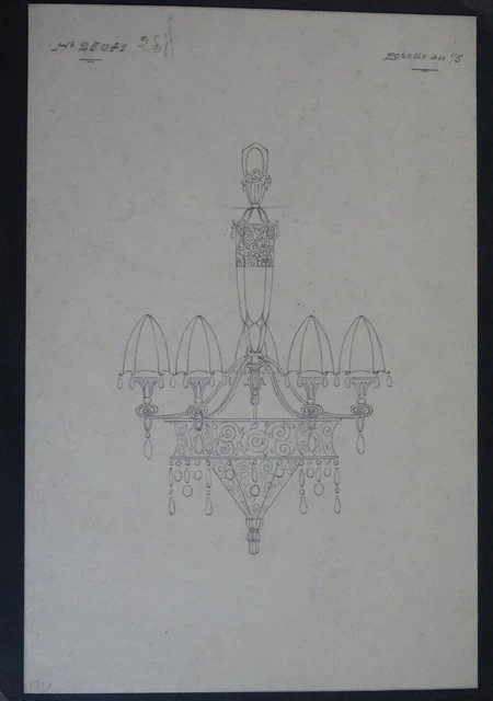 Dessin Original Au Crayon 1960 - Intérieur Avec Lampe De Bureau - Architecture