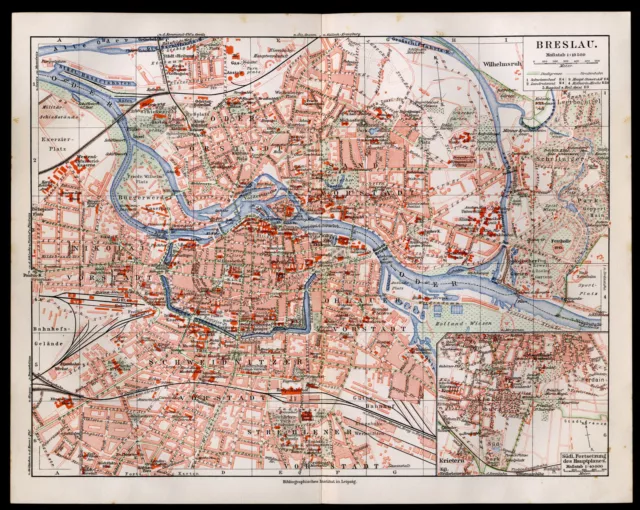 Original alter Stadtplan 1908 Breslau Wrocław Schlesien m. Strassenverz.