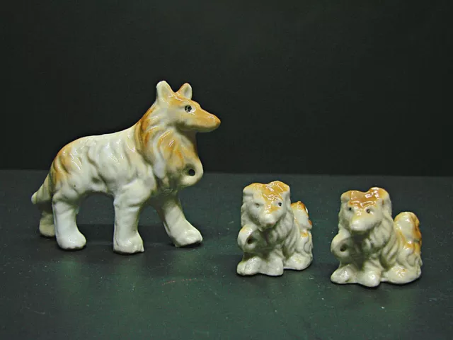Collie Dog Family Mom 2 Pups Ceramic Porcelain Brown White Collectible Figurines