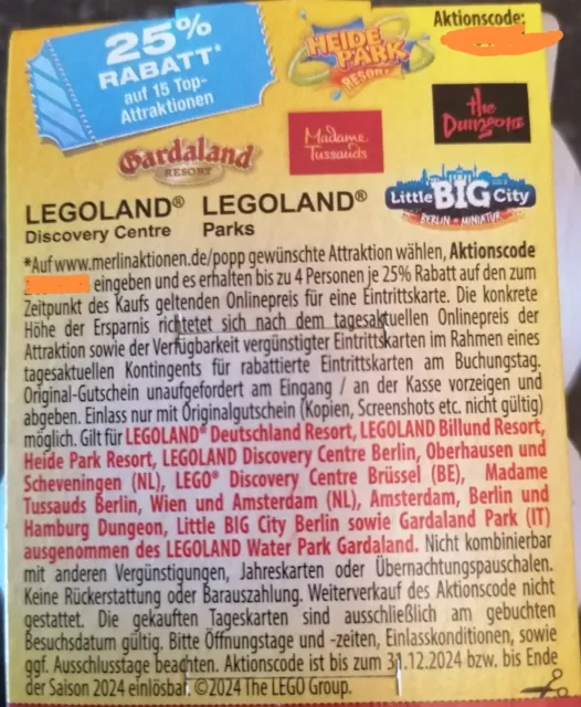 Eintritts Gutschein 25 % bis 4 Pers Coupon 2024 Heide Park Gardaland Legoland"