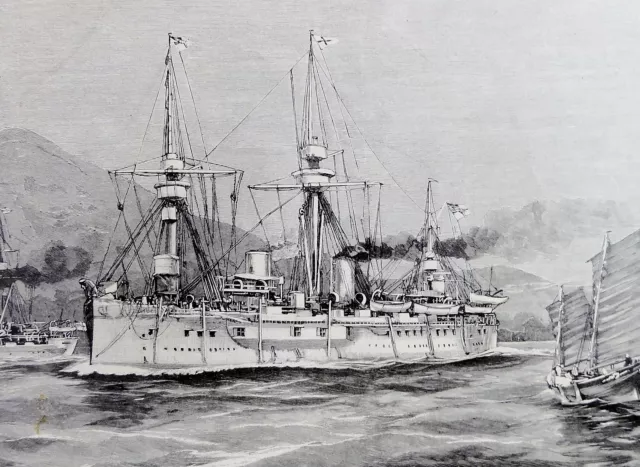 DAS DEUTSCHE PANZERSCHIFF " KAISER " IN OSTASIEN - orig. Holzstich von 1897 -RAR