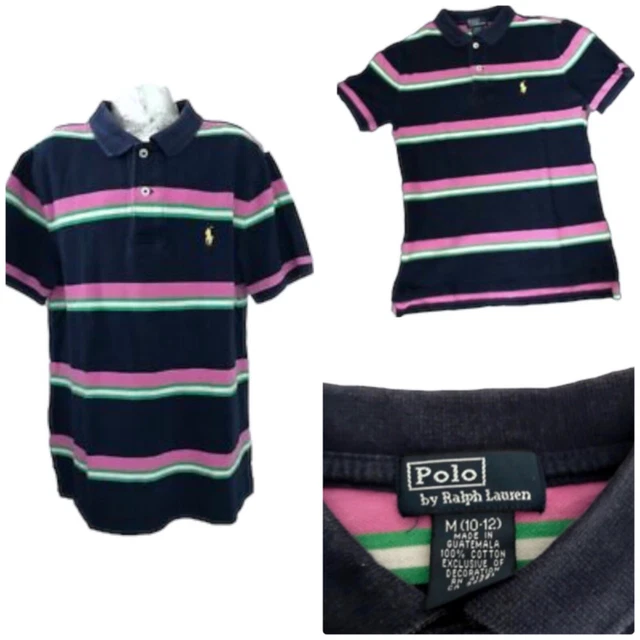Girls Ralph Lauren Polo Shirt AGE 10/12 Navy Stripe Cotton Short Sleeve Logo