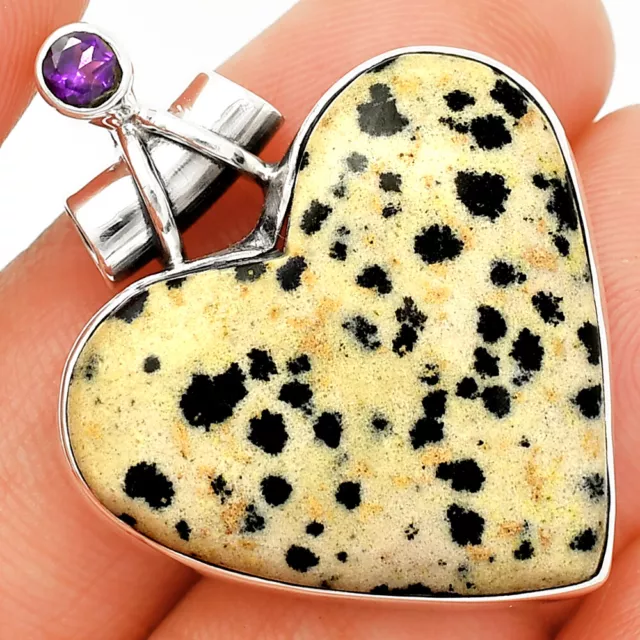 Heart - Natural Dalmatian & Amethyst 925 Sterling Silver Pendant Jewelry P-1159