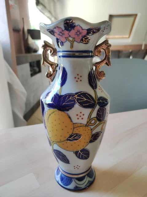 Paire De Vases Amphores Céramique Asiatique - Motifs Floraux - 20 Cm - Occasion