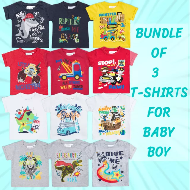 3 Pack Baby Boys Novelty Printed T-shirts Cotton Rich Cartoon Newborn Top Bundle