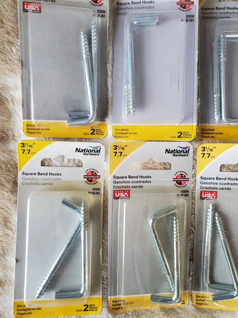 Lot Of 8 National Hardware 3 1/16" Square Bend Hooks Zinc Plated 2 Per Pack