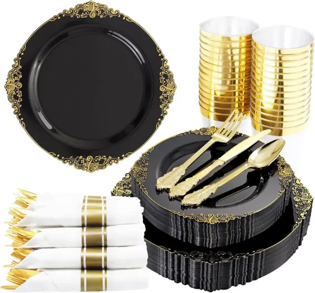 350Pcs Black and Gold Plastic Plates with Gold Plastic Silverware for W