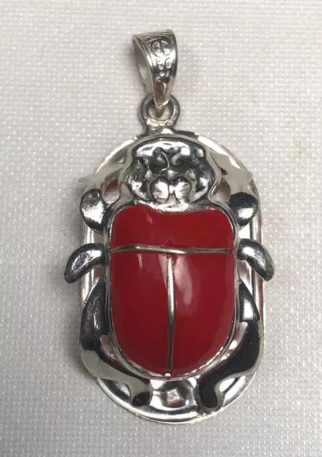 Egyptian Sterling Silver Raised Scarab hieroglyphic Coral  Pendant Hand made