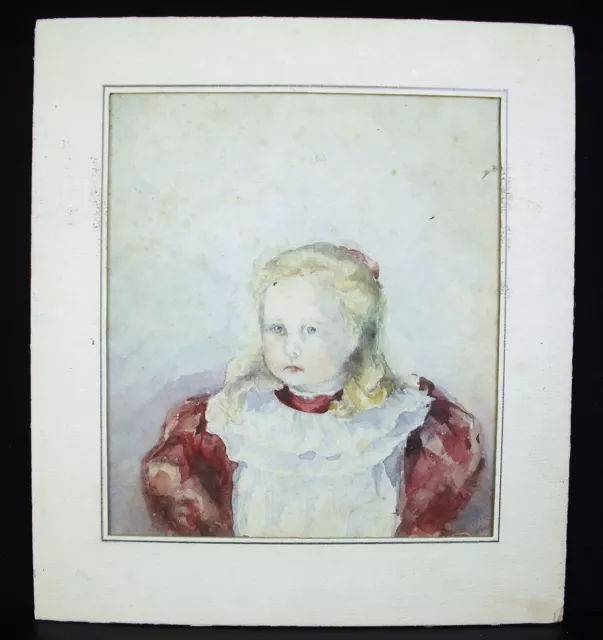 Retrato de Una Pequeña Niña Rubio Fillette Acuarela XIX Little Girl Watercolor