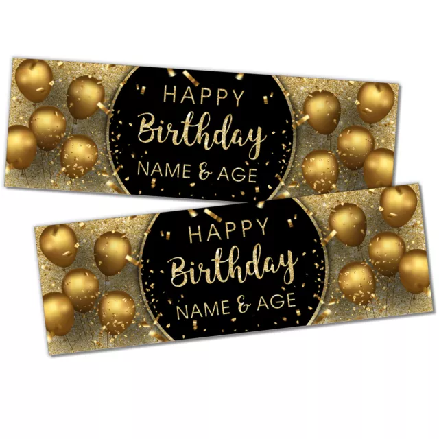 2 x 6FT Large Banner Happy Birthday Personalised Banners Black Gold Print