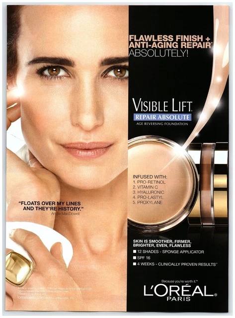 2013 L'Oreal Print Ad, Andie MacDowell Flawless Finish Visible Lift Foundation
