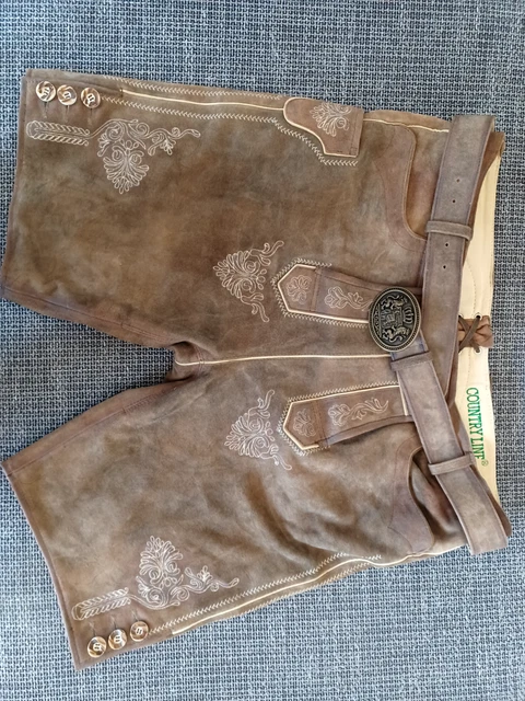 Pantaloni Tirolesi Uomo Lederhosen Nero Costume Oktoberfest Corto Bavarese Nuovo
