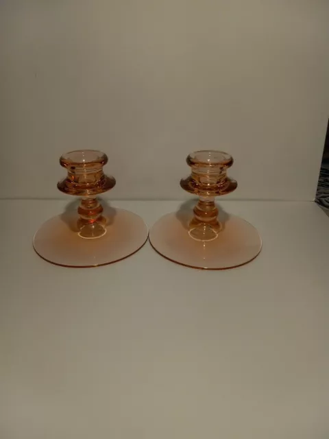 Vtg FOSTORIA - Pink Peach Compression Glass Candle Stick Holders Set Of 2