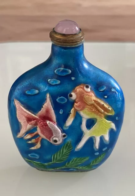 Vintage Chinese Brass Blue Enamel Painted Koi Fish Snuff Bottle