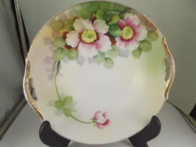 Vintage Nippon Hand Painted Serving Plate With Gold Handles Pink Poppies
