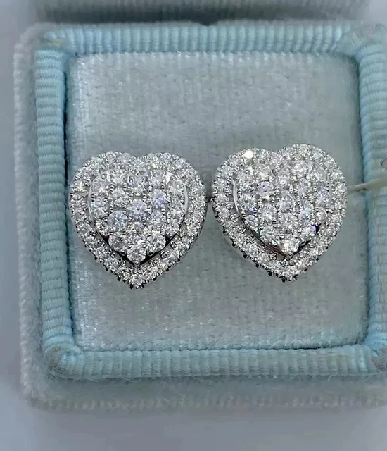 Boucles D'oreilles 2 Carats Diamant Simulé - Plaqué Or Blanc Sur Argent 925, Forme Ronde, Clous à Papillon