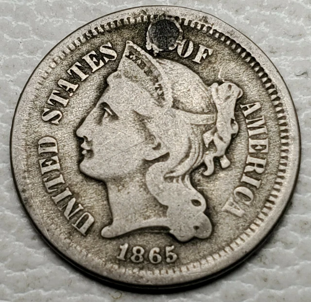 1865 NICKEL THREE CENTS-KM-95-3C-FINE+, Details-FREE USA SHIP-3 CENTS-3c