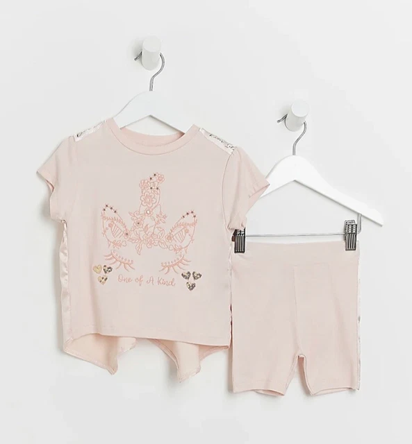 Pantaloncini top unicorno rosa nuovi con etichette River Island bambino MINI BAMBINA SET 18-24 m 1,5-2