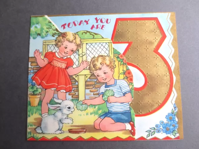 Unused Vintage Greetings Card 3rd Birthday Children with Bunny Rabbit Cute Pet