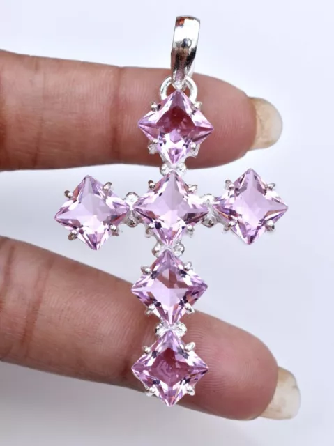 Sterling Silver Pink Topaz Gemstone Cross Handmade Pendant Jewelry