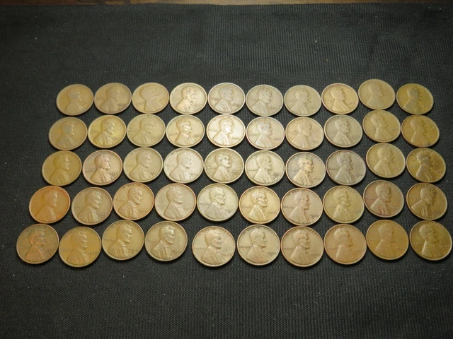 1909-1940 Lincoln Wheat Cent Penny roll lot 50 different coins old US Copper