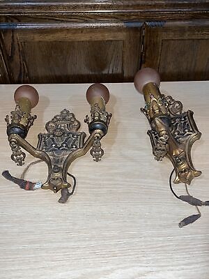 2 Antique Vintage 1920's Brass Lighted Wall Sconces Polychrome 2- Lght/ 1- Lght