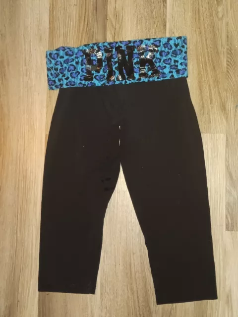 PINK Victoria's Secret Blue Leopard M Foldover Waist Capris Yoga Leggings