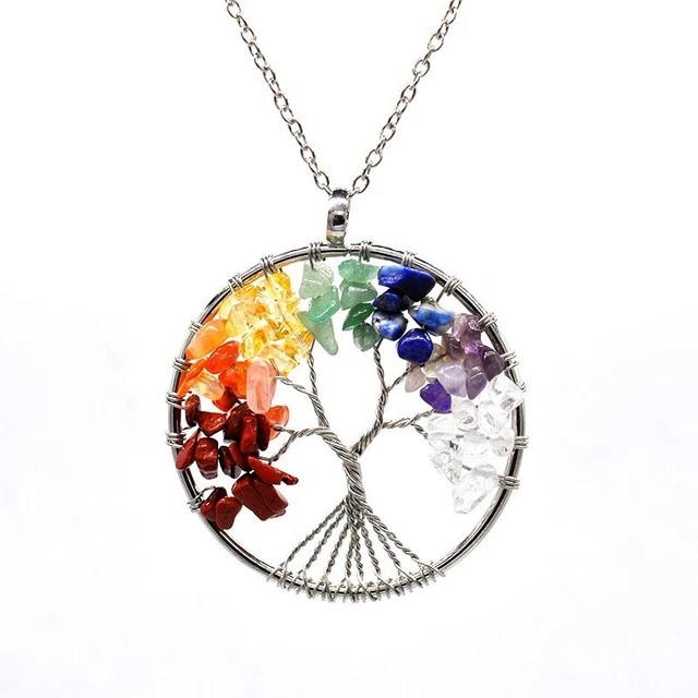 Natural Gemstone Tree of Life Pendant Necklace 7 Chakra Healing Crystal Charm