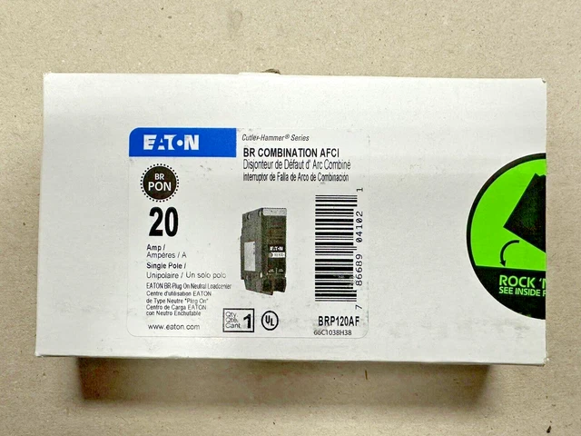 Eaton BRP120AF Type BR Combination Arc Fault Circuit Breaker – 20A, 1-Pole, 120/240V (New)