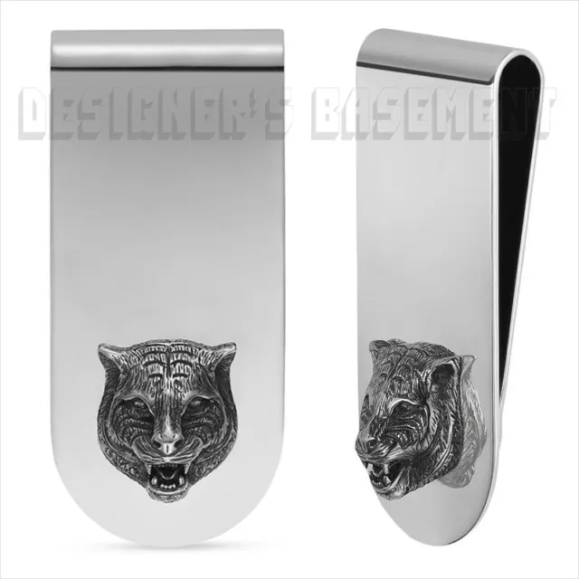 GUCCI Sterling Silver FELINE HEAD Tiger Cat Trademark logo Money Clip NIB Authen