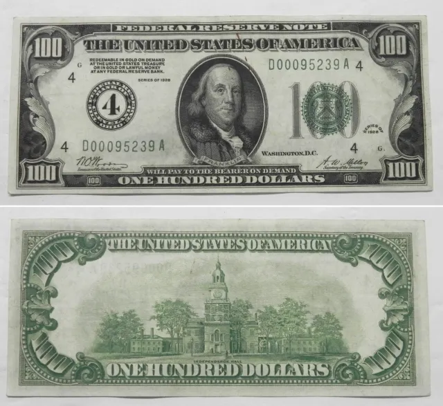 1928  $100 Federal Reserve Note Cleveland Numerical 4, AU, FR 2150D, D00095239A