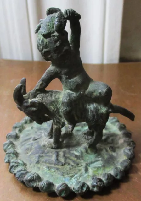 Antique Bronze Statue Sculpture Paperweight Cherub Riding Goat Holding Pheasant