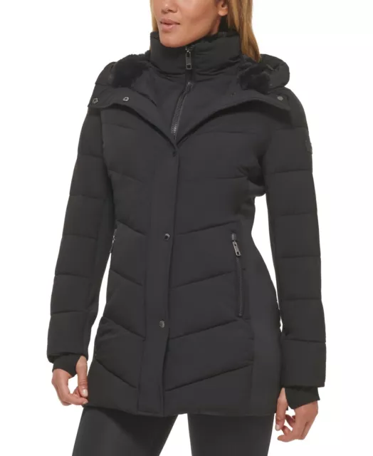 Calvin Klein Women's Size M Faux-Fur-Lined Hooded Puffer Coat, Black, *Defects