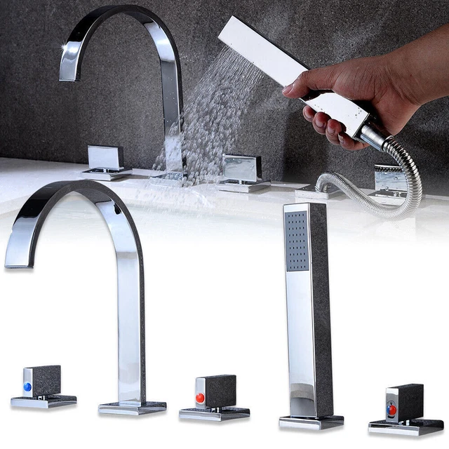 5 Loch Badewannenarmatur Wasserhahn Handbrause Wannenrand Armatur Chrom Set