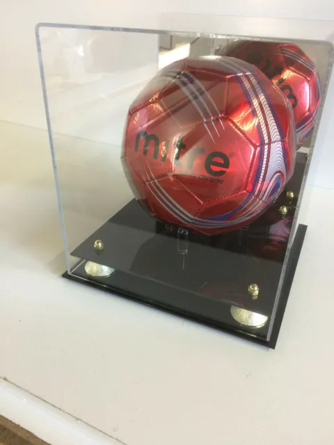Soccer ball MIRROR BACK display casw with gold risers  85% UV filtering acrylic 3