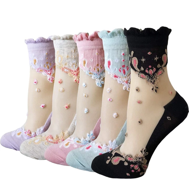 5 Pairs Women Sheer Mesh Socks Ultrathin Fishnet See Through Lace