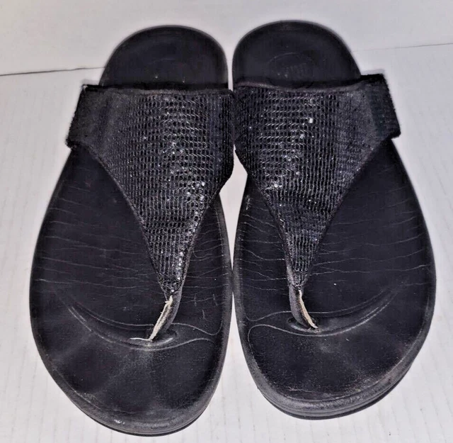 FitFlop womens LULU sparkle black leather thong wedge sandal size 7