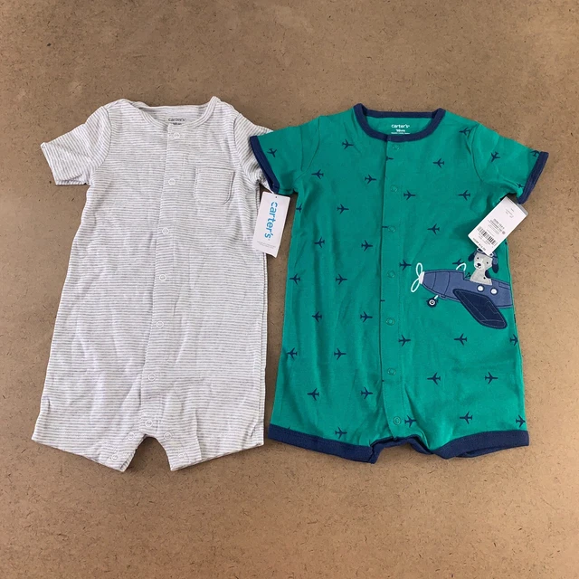 Carter's Baby Size 18 Months Gray Striped Green Airplane Snap Front Rompers NWT