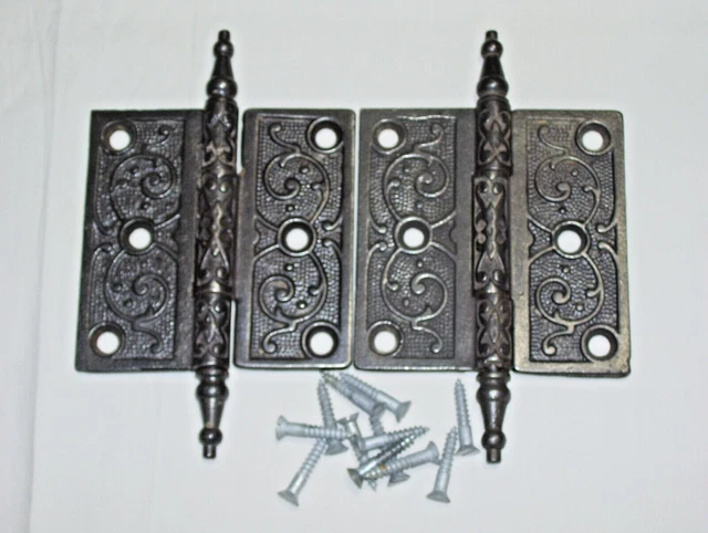 Pair Set  2 Antique Original Victorian Steeple Tip Cast Iron Door Hinges 3 1/2