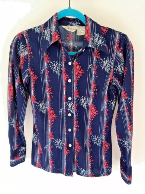 Camicia floreale True Vintage anni '70 donna poliestere elasticizzato collare blu navy taglia 34