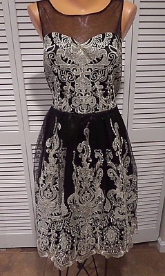 Liza Luxe Black & Gold Damask Lace Whimsy of Your Whirl A-Line Dress sz L NWT