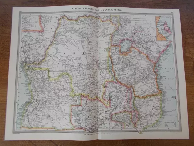 Antique c1904 Colour Map of EUROPEAN POSSESSIONS IN CENTRAL AFRICA HARMSWORTH